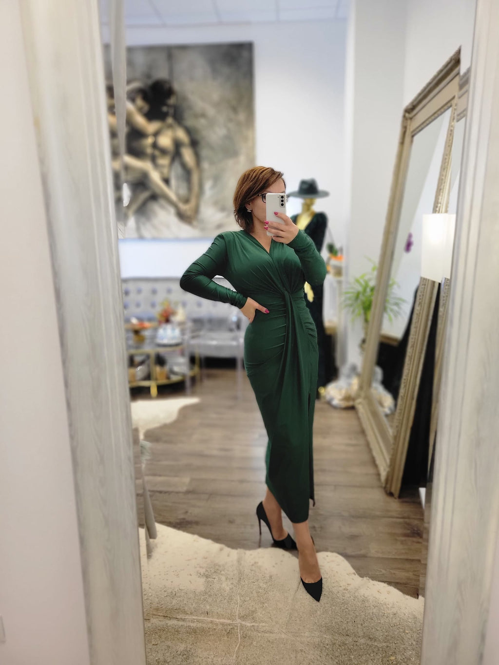 FOREST GREEN MIDI DRESS WITH FRONT RUSHING