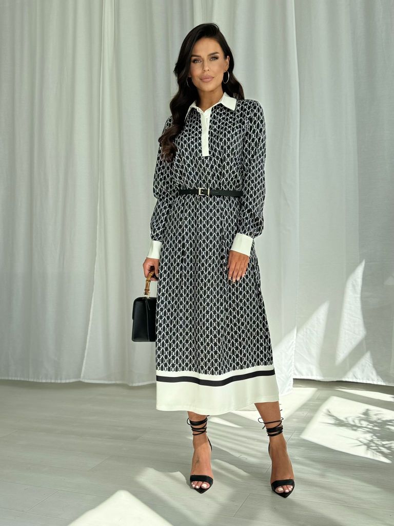 CLEATANCE - BLACK AND WHITE SILKY MIDI DRESS WITH A BELT