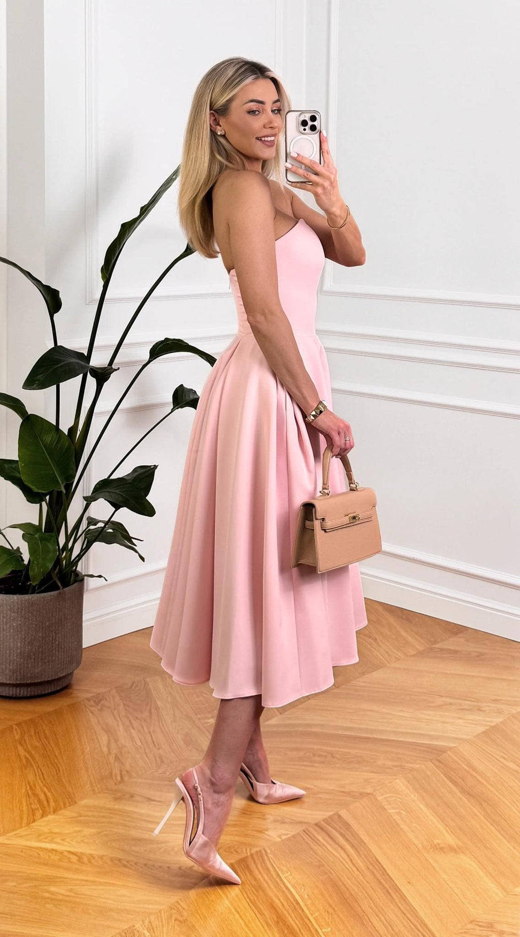 BLUSH PINK FIT AND FLAIR MIDI DRESS WITH SIDE POCKETS