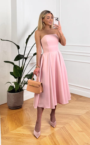 BLUSH PINK FIT AND FLAIR MIDI DRESS WITH SIDE POCKETS