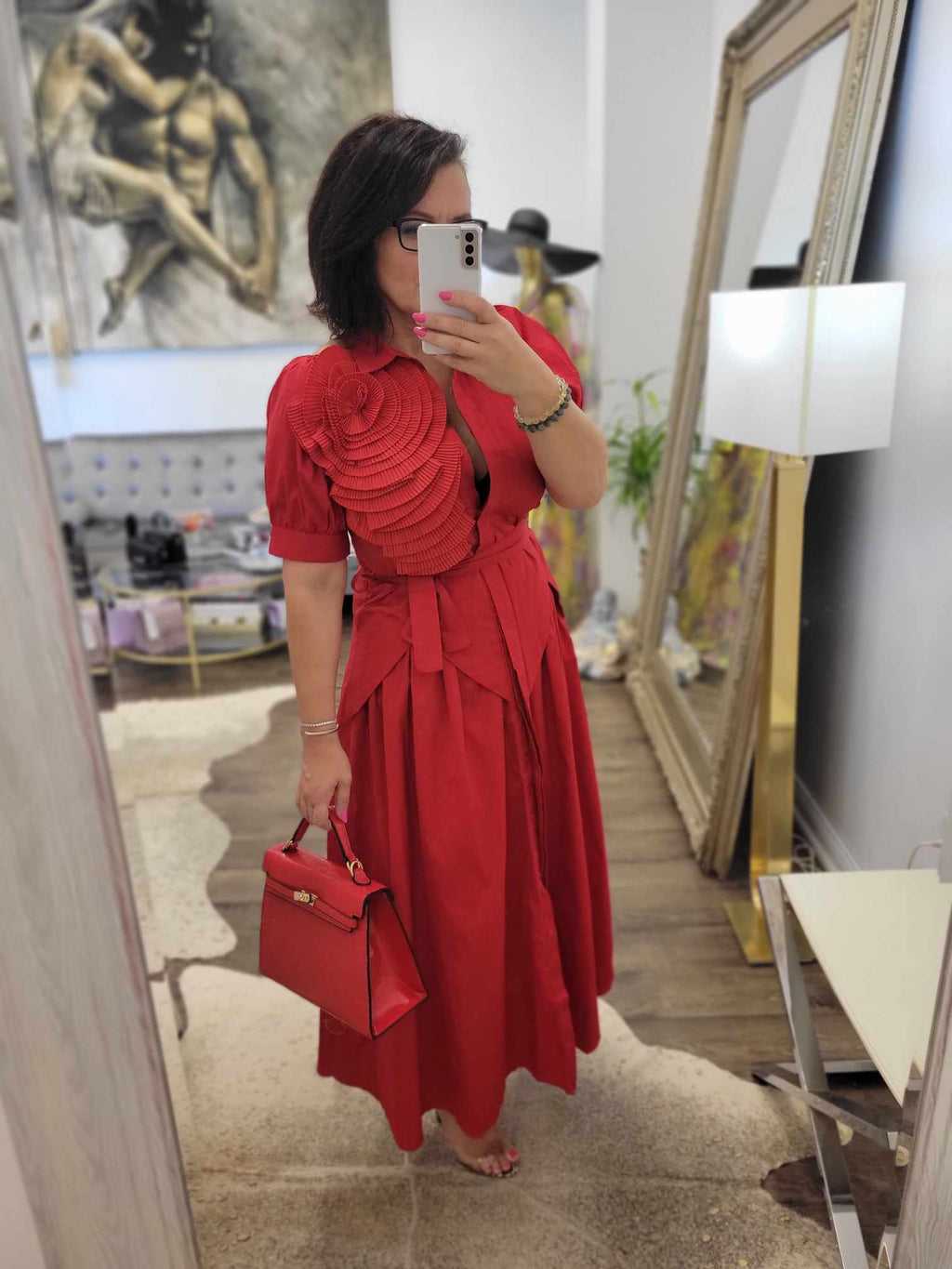 RED COTTON MIDI FIT AND FLAIR DRESS WITH A FLOWER AND A BELT