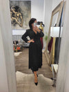 BLACK MIDI DRESS WITH PLEATED SKIRT AND JACKET TOP