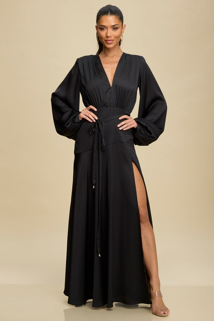 BLACK SILKY MAXI DRESS WITH LONG SLEEVES AND SIDE SLIT