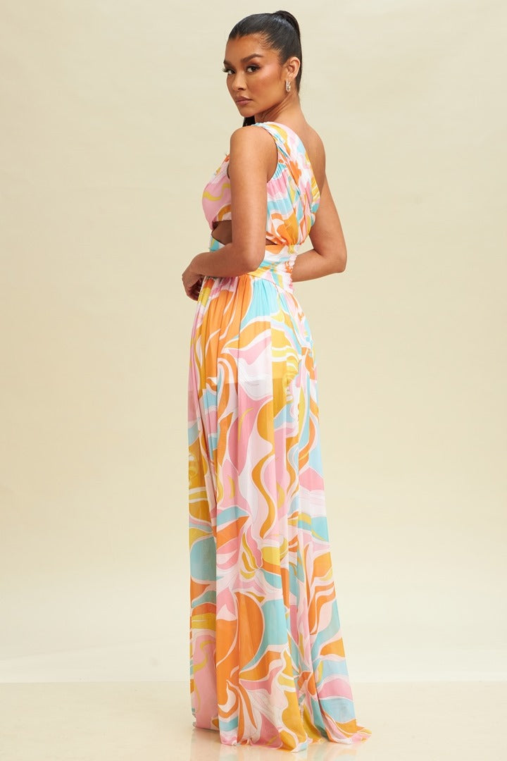 CLEARANCE PINK MULTI LONG MAXI SUMMER DRESS WITH SIDE CUT OUT CLEARANCE PINK MULTI LONG MAXI SUMMER DRESS WITH SIDE CUT OUT