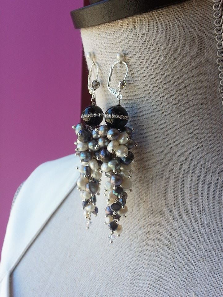 FRESHWATER PEARLS AND BLACK ONYX SWAROVSKI CRYSTALS LONG STATEMENT EARRINGS