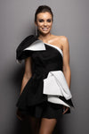 BLACK AND WHITE FIT AND FLAIR MINI COCKTAIL DRESS