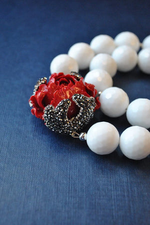 WHITE AGATE AND CORAL CARVED ROSE WITH SWAROVSKI CRYSTALS STATEMENT NECKLACE