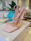 BLUSH PINK SUEDE ANKLE WRAP HEELS WITH FEATHERS