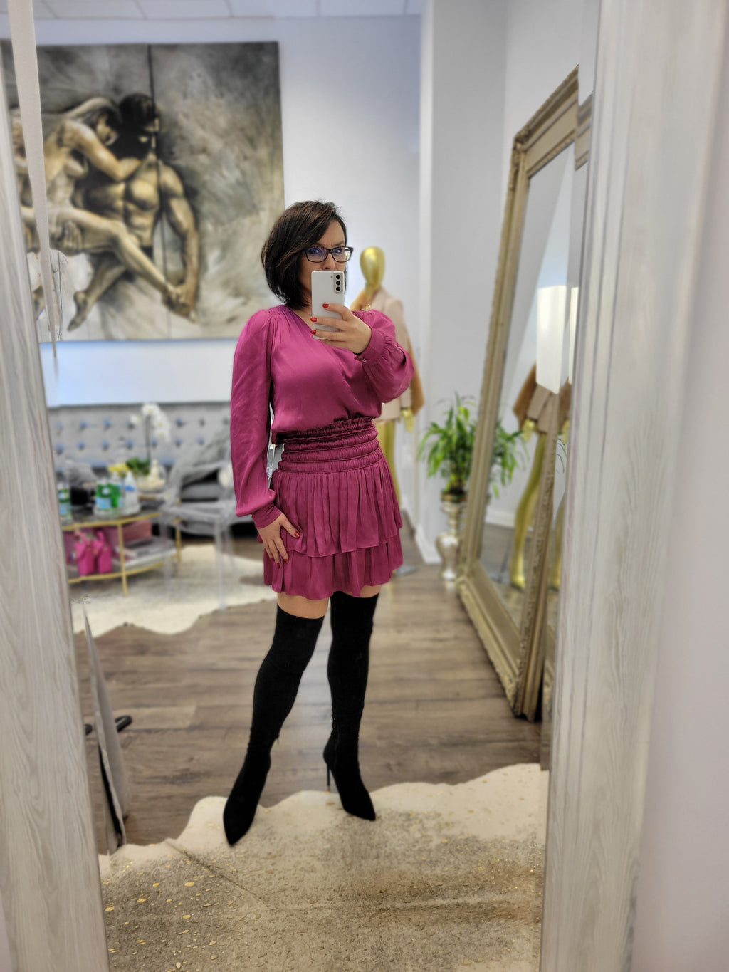 FUSCHIA PINK SILKY SET OF MINI SKIRT AND A TOP