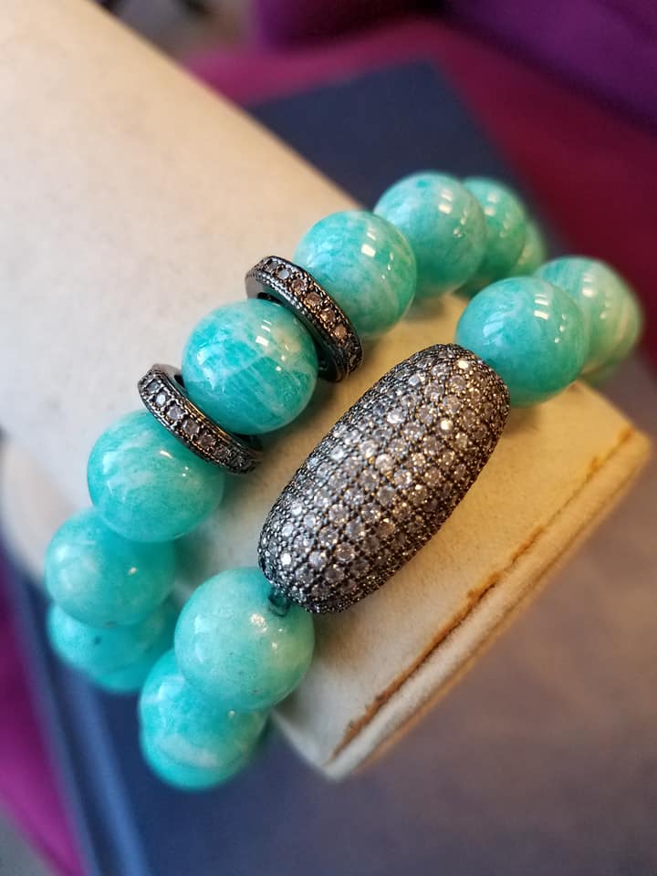 MINT AMAZONITE AND RHINESTONES STRETCHY BRACELETS SET