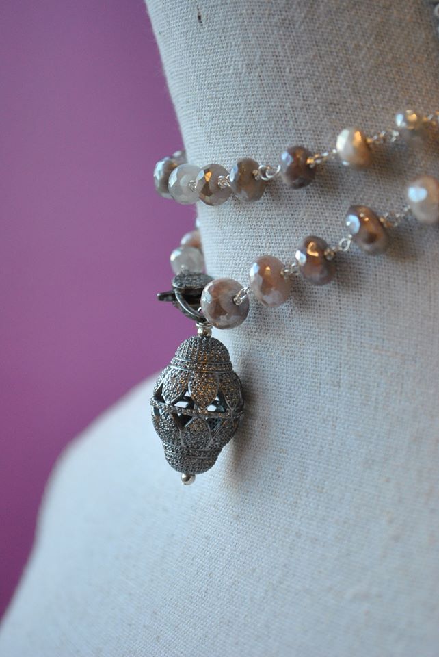 PEACH MOONSTONE WHITE TOPAZ PENDANT AND DIAMONDS CLASP LONG DROP NECKLACE