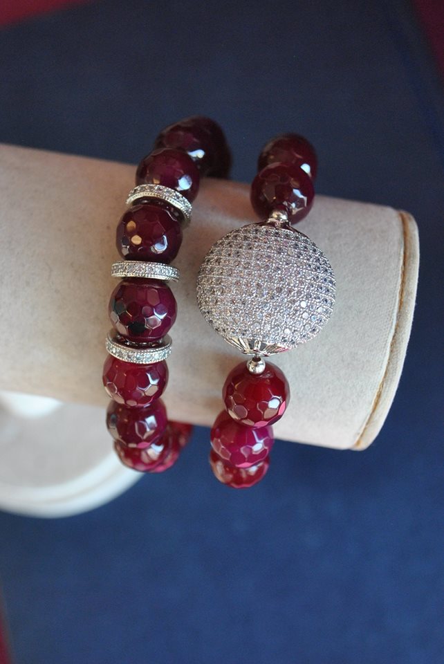 CHERRY AGATE AND RHINESTONES STRETCHY STATEMENT BRACELETS SET