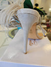 BEIGE ANKLE WRAP HEELS WITH FEATHERS
