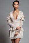 CLEARANCE - BEIGE AND GOLD A-LINE MINI DRESS WITH RUFFLE DETAILS