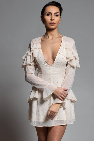 CLEARANCE - BEIGE AND GOLD A-LINE MINI DRESS WITH RUFFLE DETAILS