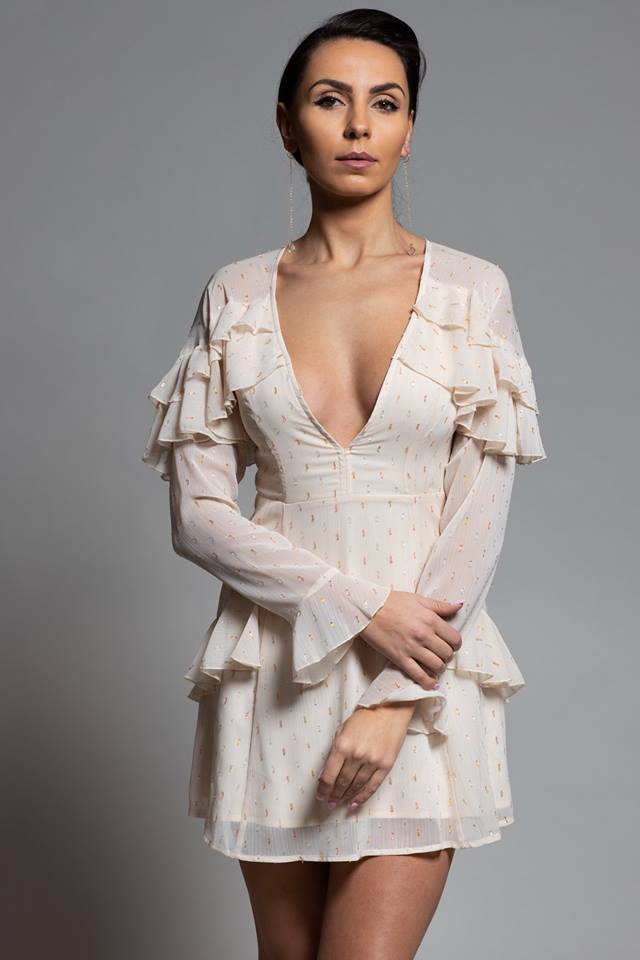 CLEARANCE - BEIGE AND GOLD A-LINE MINI DRESS WITH RUFFLE DETAILS