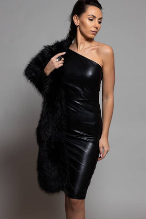 BLACK FAUX LEATHER ONE SLEEVE FIT MIDI DRESS