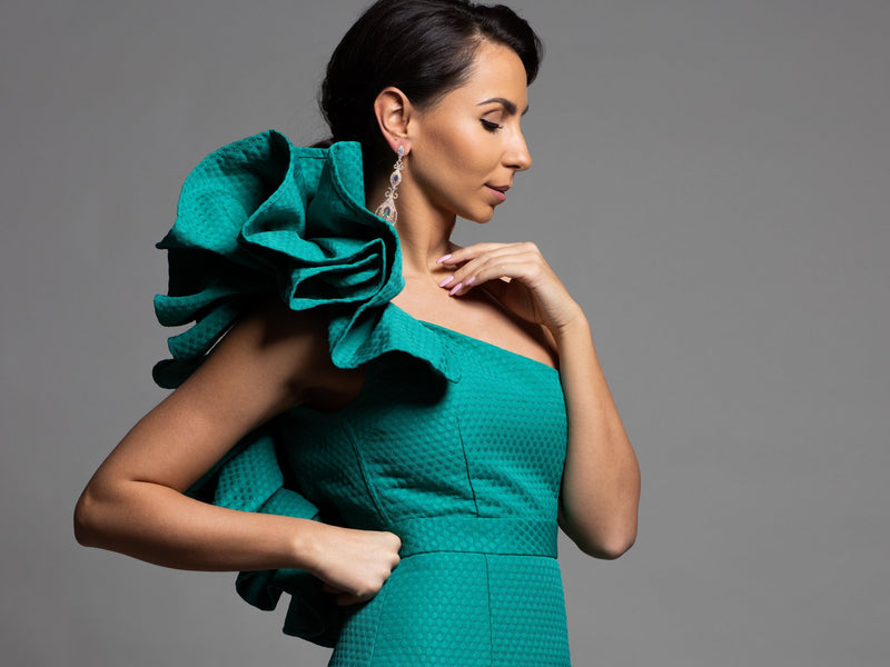 ASYMMETRIC GREEN DRESS WITH RUFFLES