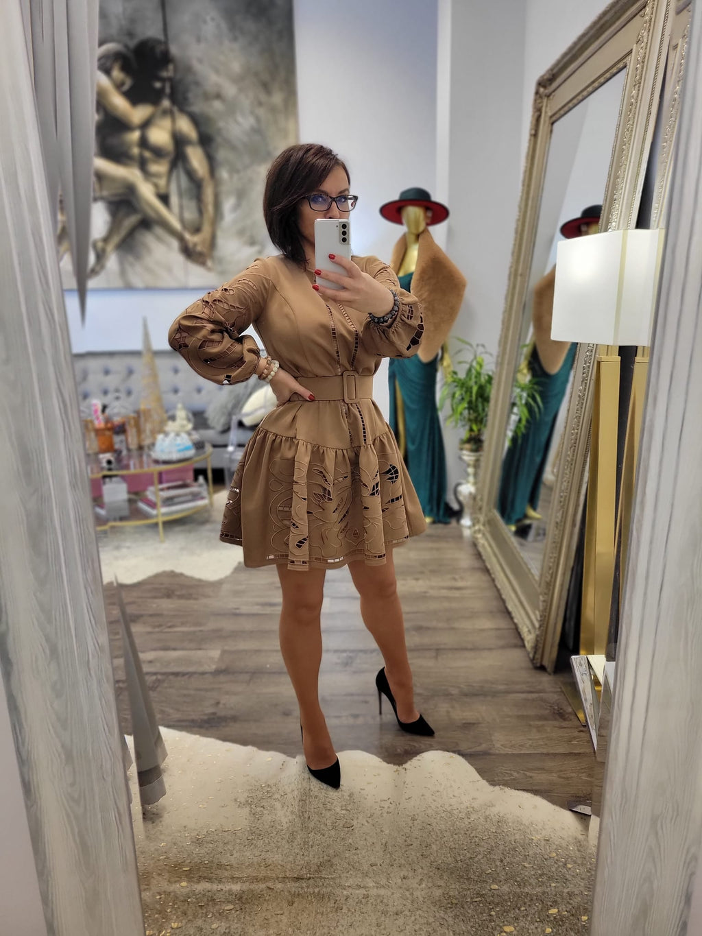 CARAMEL TUNIC STYLE FLAIR DRESS WITH A BELT