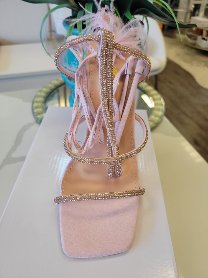 BLUSH PINK SUEDE ANKLE WRAP HEELS WITH FEATHERS