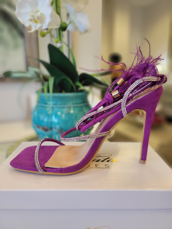 ORCHID SUEDE SANDAL ANKLE WRAP HEELS WITH FEATHER DETAIL