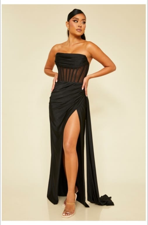 CLEARANCE - BLACK LONG EVENING DRESS WITH SIDE SLIP