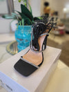 BLACK SANDAL ANKLE WRAP HEELS ITH FEATHERS DETAILS