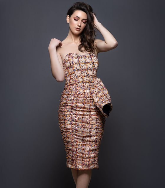 CLEARANCE - MULTICOLOR STRAPLESS SEQUIN MESH DRESS