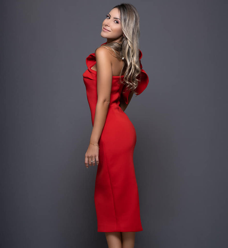 RED MIDI ASYMMETRIC DRESS WITH SIDE RUFFLE – Le Obsession Boutique