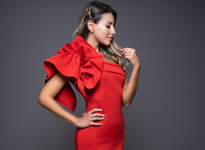 RED MIDI ASYMMETRIC DRESS WITH SIDE RUFFLE