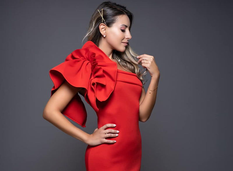 RED MIDI ASYMMETRIC DRESS WITH SIDE RUFFLE
