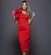RED MIDI ASYMMETRIC DRESS WITH SIDE RUFFLE