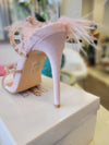 BLUSH PINK SUEDE ANKLE WRAP HEELS WITH FEATHERS
