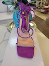 ORCHID SUEDE SANDAL ANKLE WRAP HEELS WITH FEATHER DETAIL