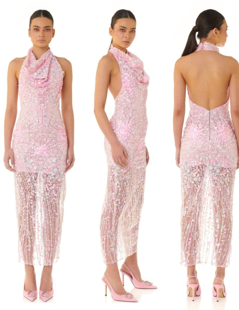 BLUSH PINK SEQUIN MIDI HALET STYLE PARTY DRESS