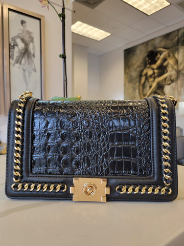 CARAMEL FAUX CROCODILE LEATHER CLUTCH / CROSSBODY HANDBAG