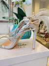 BEIGE ANKLE WRAP HEELS WITH FEATHERS