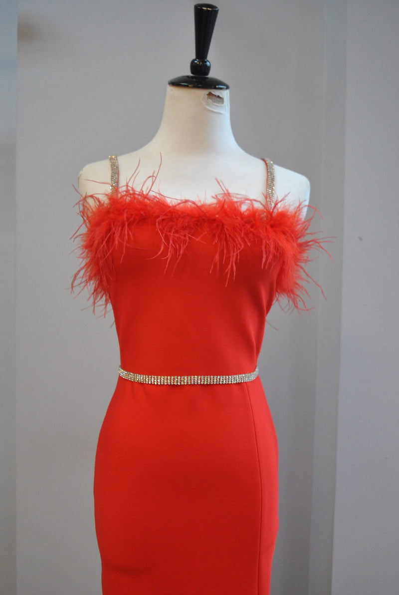 CLEARANCE - RED BANDAGE MIDI PARTY DRESS WITH FEATHERS