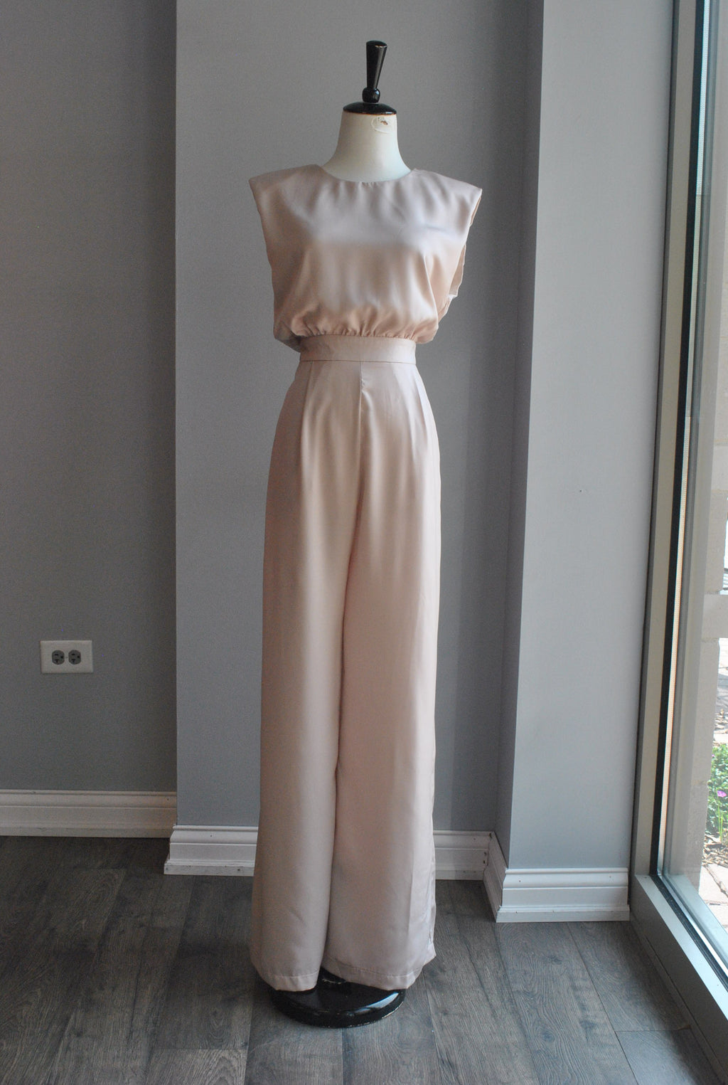 CHAMPAGNE SILKY JUMPSUIT WITH OPEN BACK