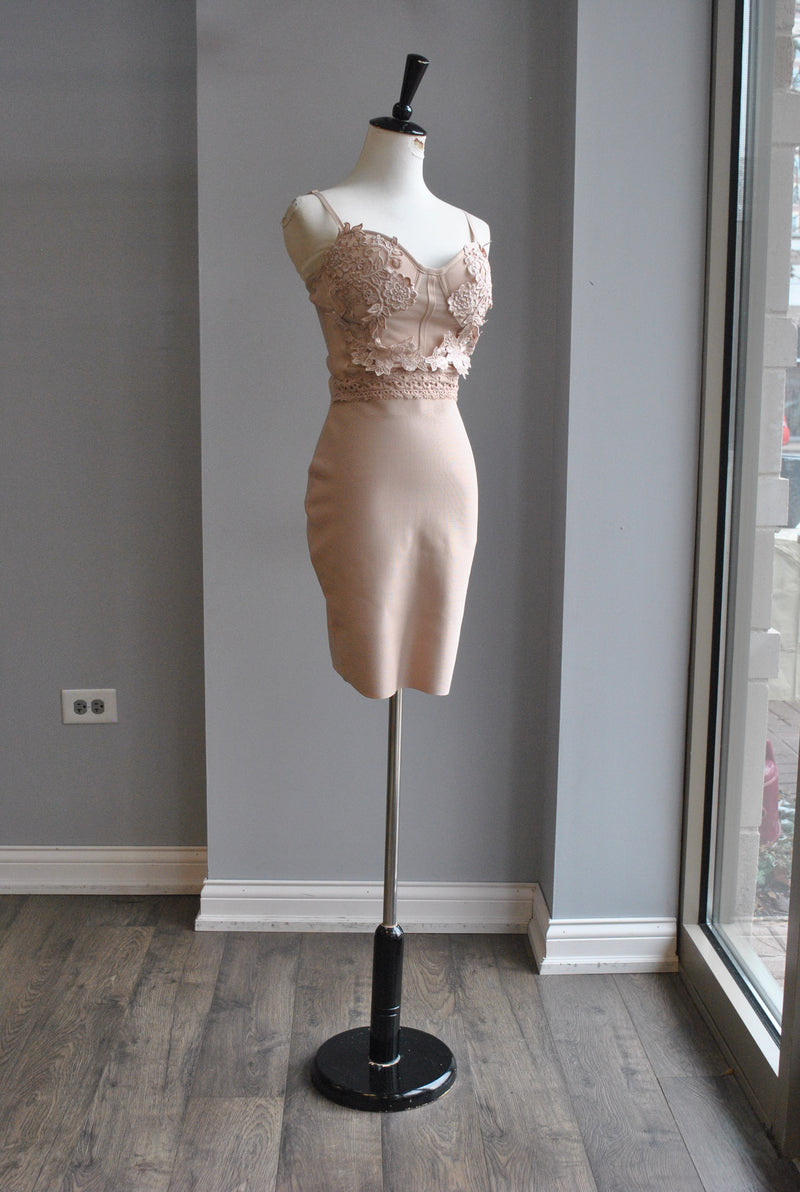 CLEARANCE - BEIGE BANDAGE MINI PARTY DRESS WITH LACE TOP