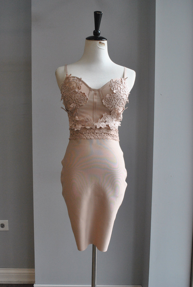 CLEARANCE - BEIGE BANDAGE MINI PARTY DRESS WITH LACE TOP