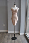 CLEARANCE - BEIGE BANDAGE MINI DRESS WITH FEATHERS