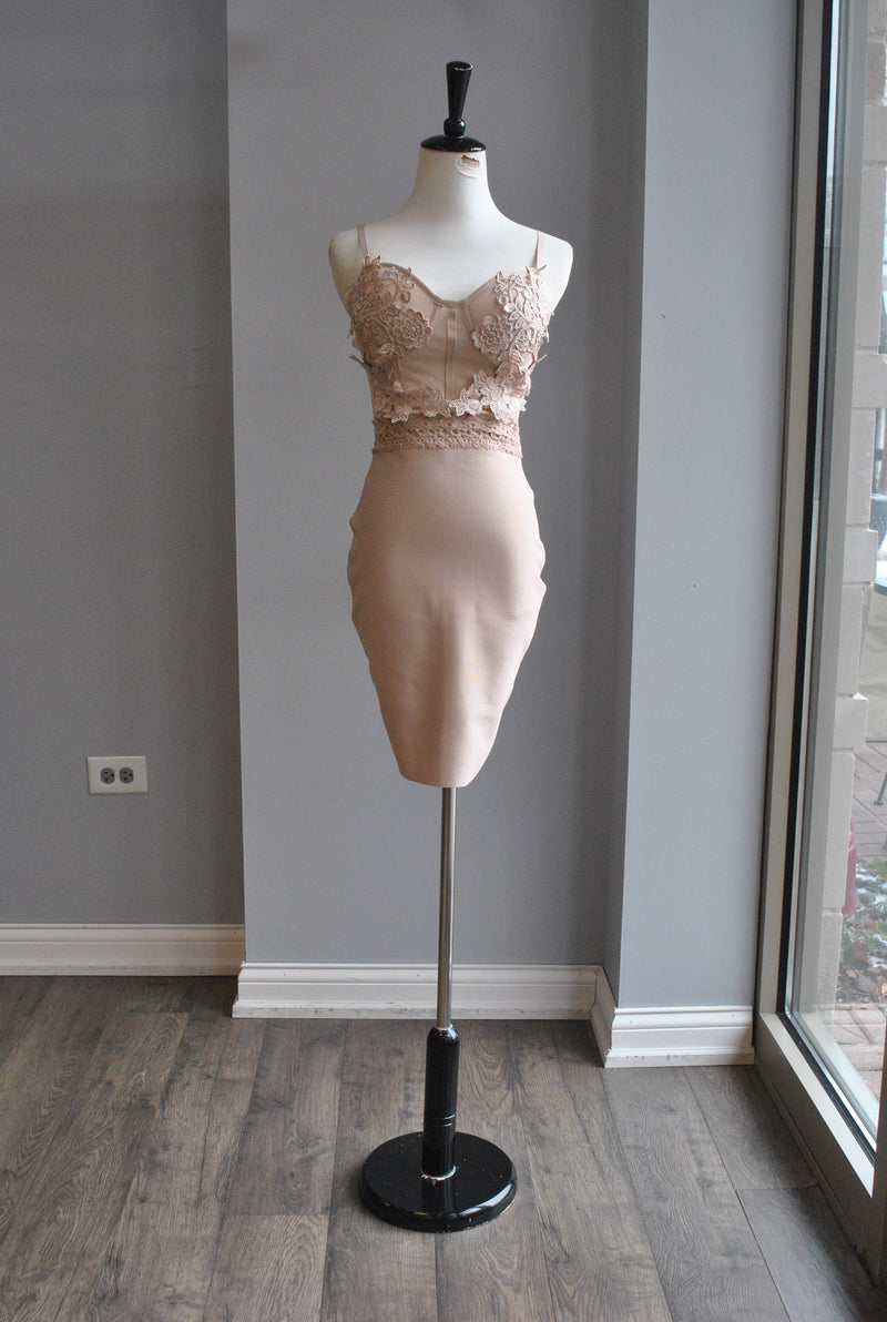 CLEARANCE - BEIGE BANDAGE MINI PARTY DRESS WITH LACE TOP