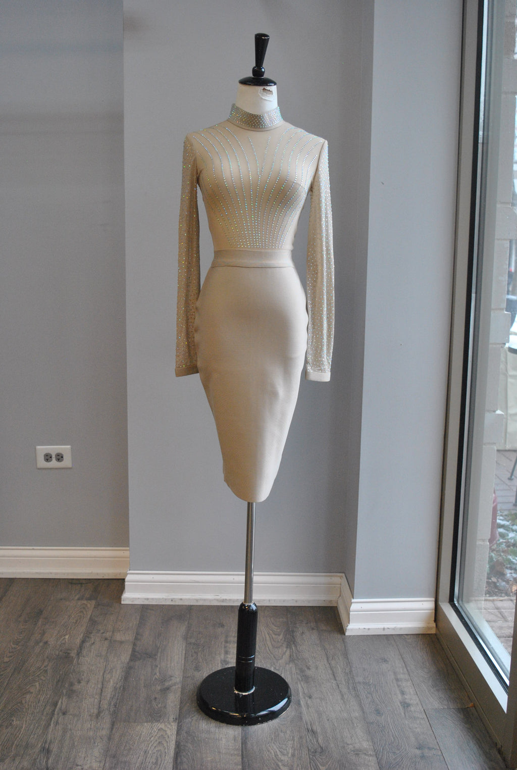 BEIGE BANDAGE DRESS WITH MESH TOP