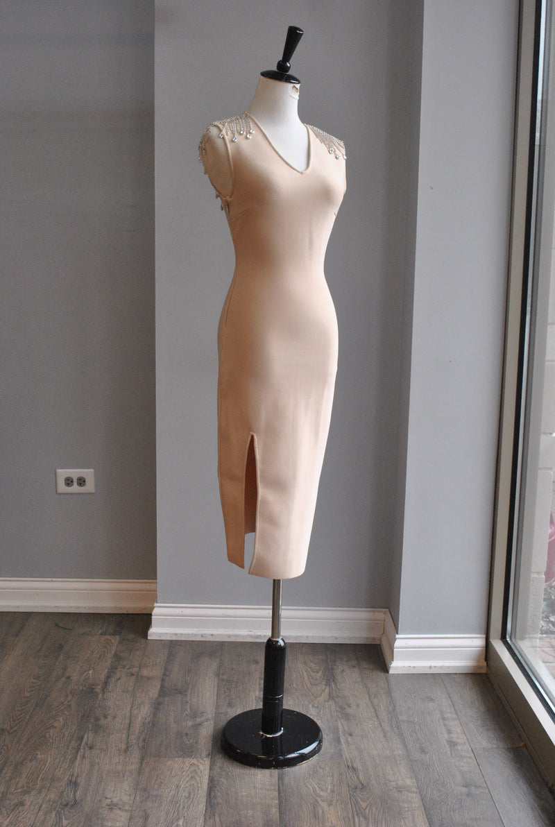 beige bandage dress PrettyLittleThing Women's Bandage Corset Detail Off The Shoulder Mini Dress in Beige