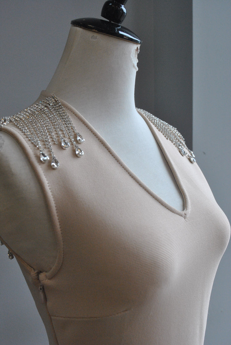 CLEARANCE - BEIGE BANDAGE DRESS WITH RHINESTONES