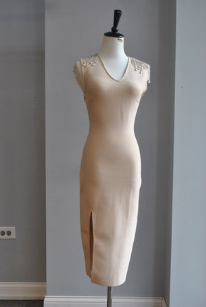 CLEARANCE - BEIGE BANDAGE DRESS WITH RHINESTONES