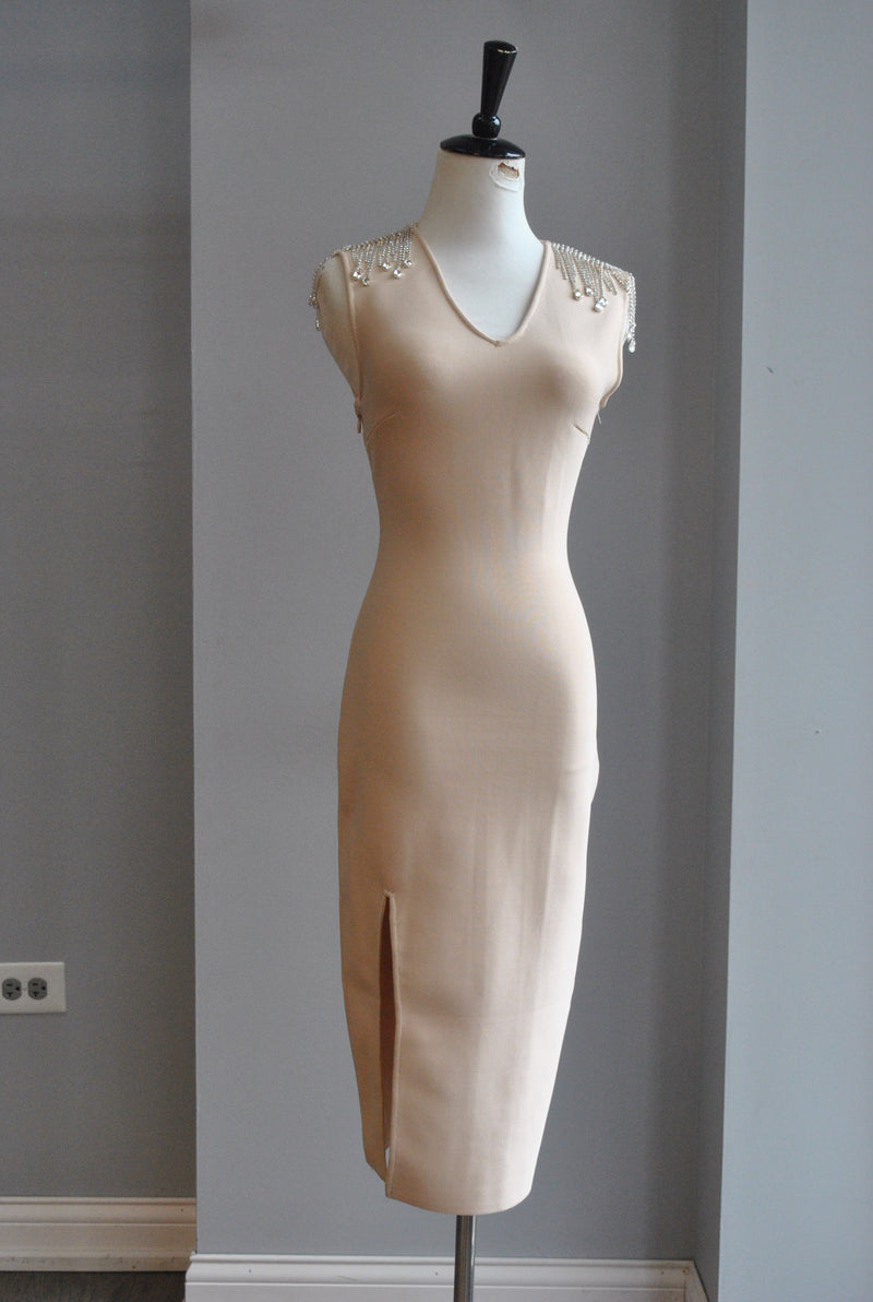 CLEARANCE - BEIGE BANDAGE DRESS WITH RHINESTONES