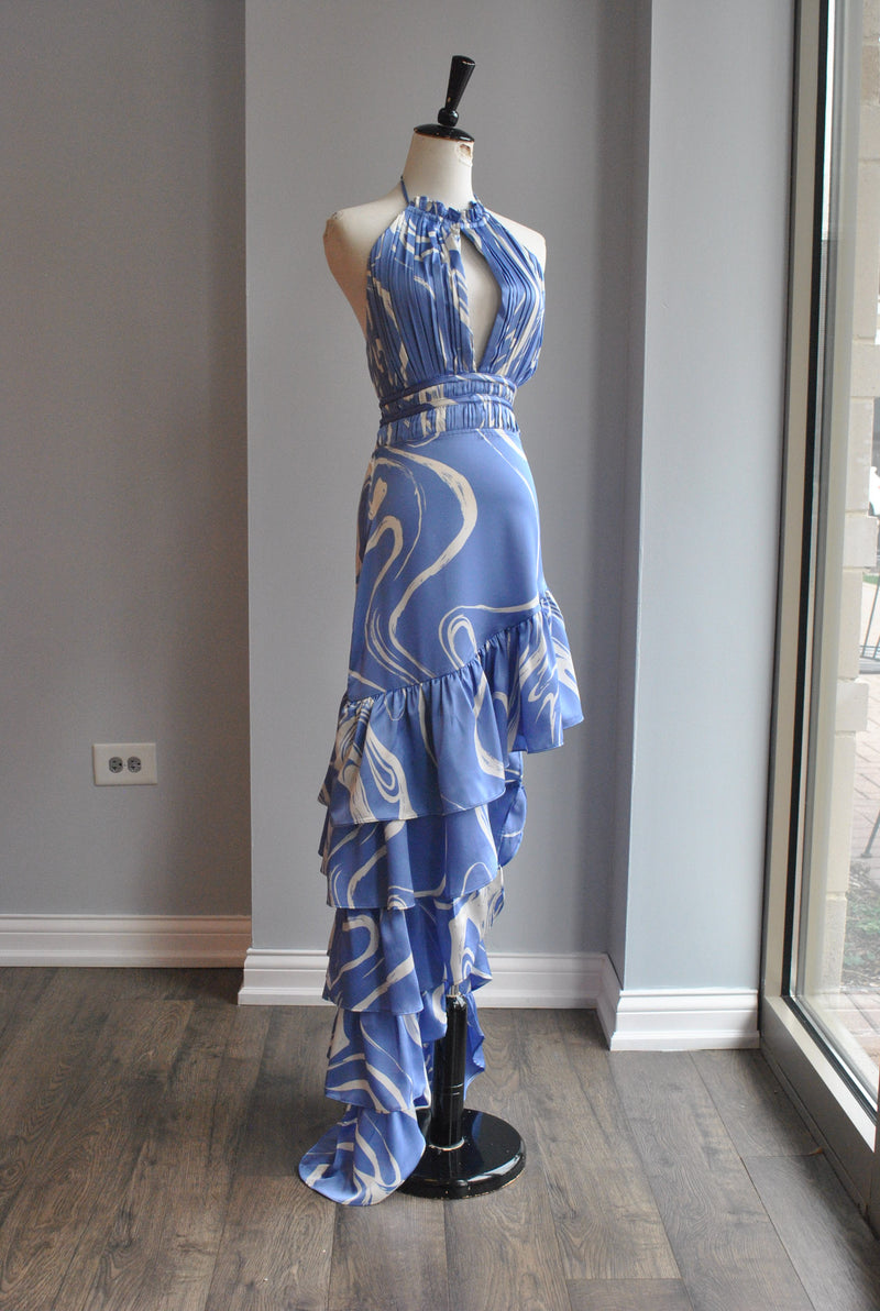 PERIWINKLE HIGH AND LOW MAXI SUMMER DRESS WITH OPEN BACK