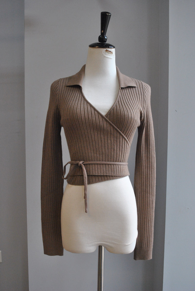 TAUPE CROPPED WRAP SWEATER